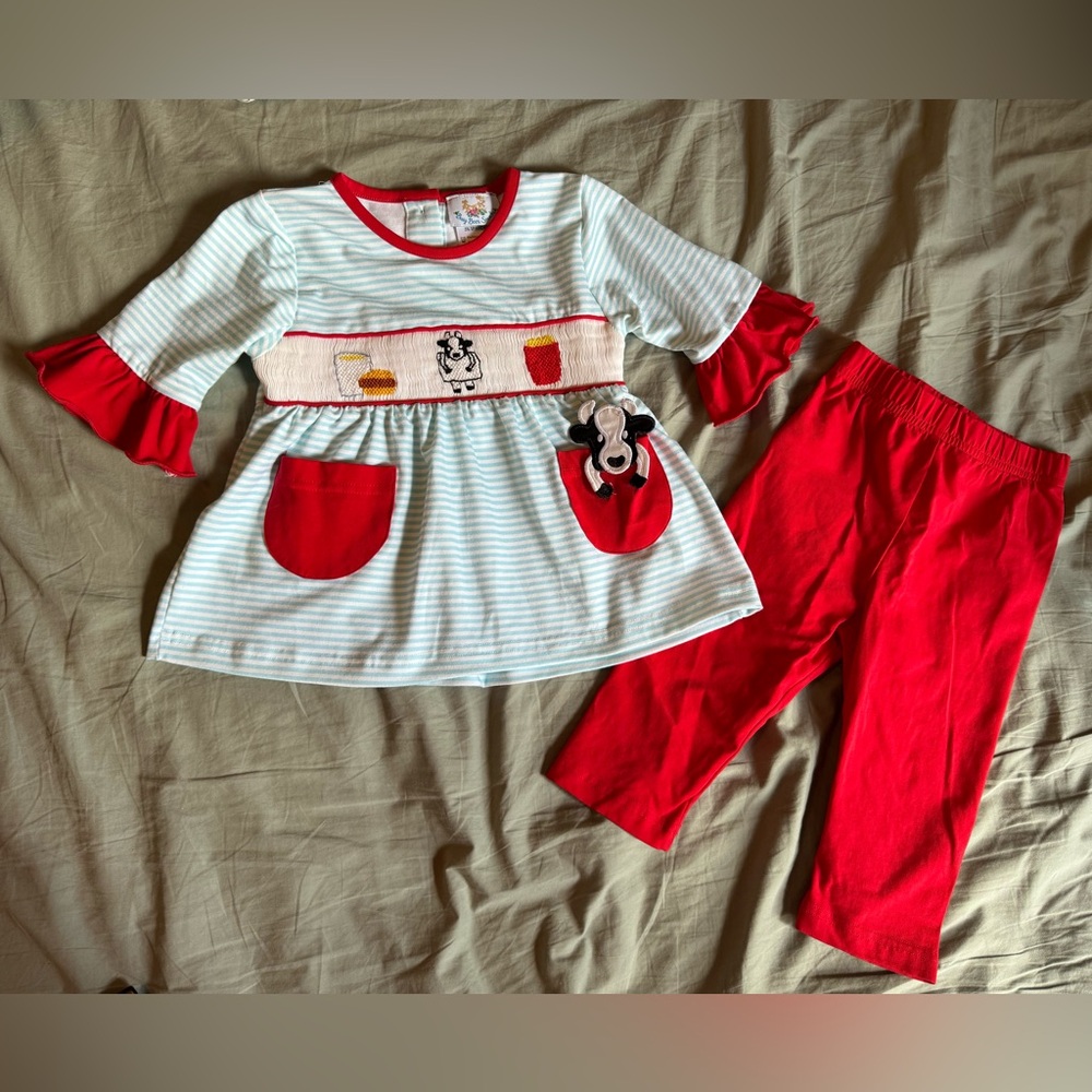 Busy Bee Smocks Kids Cow, Fries, Chicken Sandwich Inspired Set size 12M
